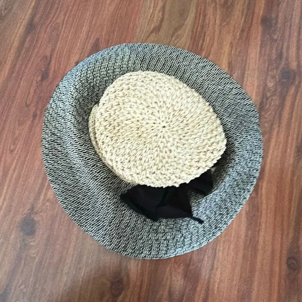 Betmar crochet straw cream black hat with bow beach hat floppy